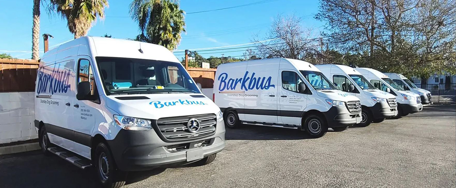 Barkbus vehicle signage in blue displaying the brand name made of opaque vinyl