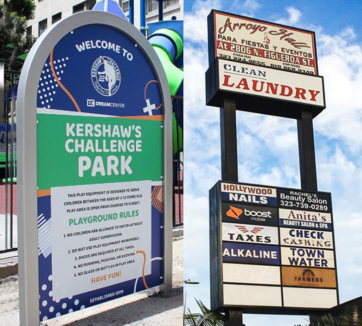 Outdoor pylon sign versus Kershaw's Challenging Park monument sign made of aluminum