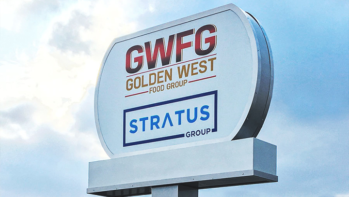 Stratus Group covered-pole plaza signage with the brand name made of aluminum and acrylic