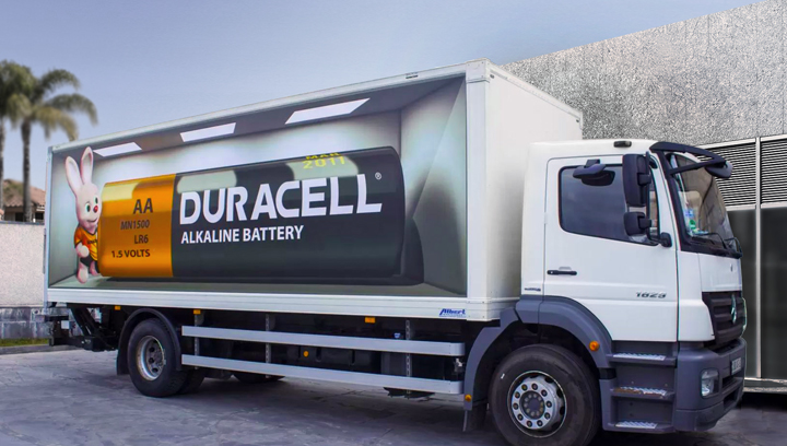 Duracell truck wrap with branded graphics made of opaque vinyl