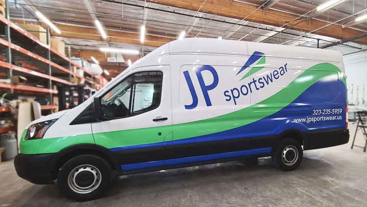 JP Sportswear van wrap displaying the brand name and logo made of opaque vinyl