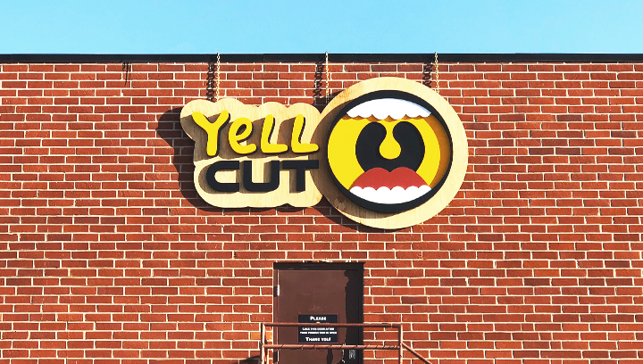 Yell Cut brand 3D custom wooden logo sign and letters for outdoor placement