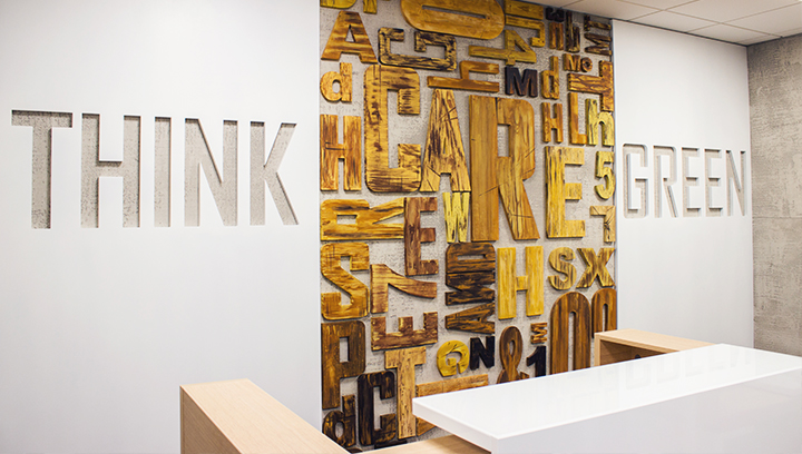 Ameriabank office wooden business signs with wall-mounted cut-out letters for reception design