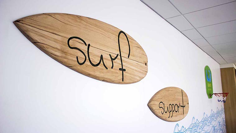 Wooden surfboard signs