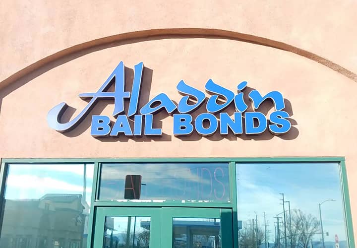 Alladin Bail Bonds channel letters displaying the brand name made of aluminum and acrylic