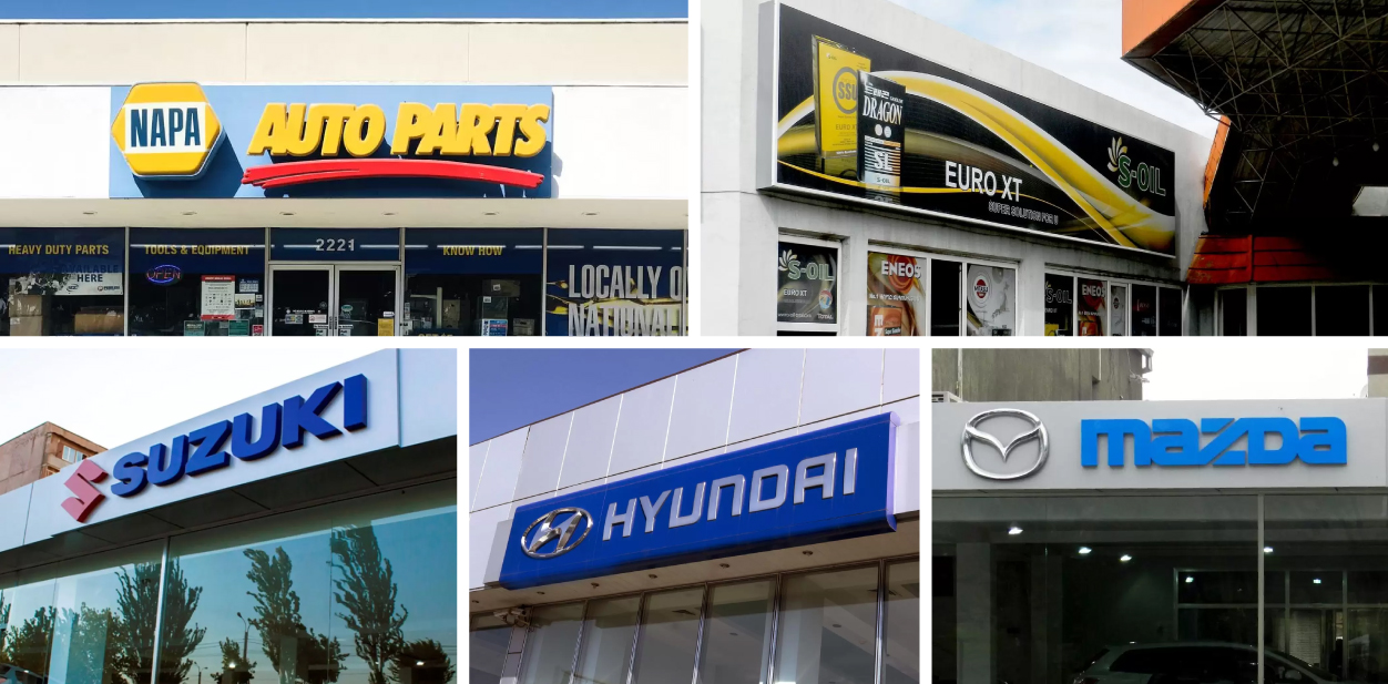 Car salon and automotive store signage ideas inspired by famous brands