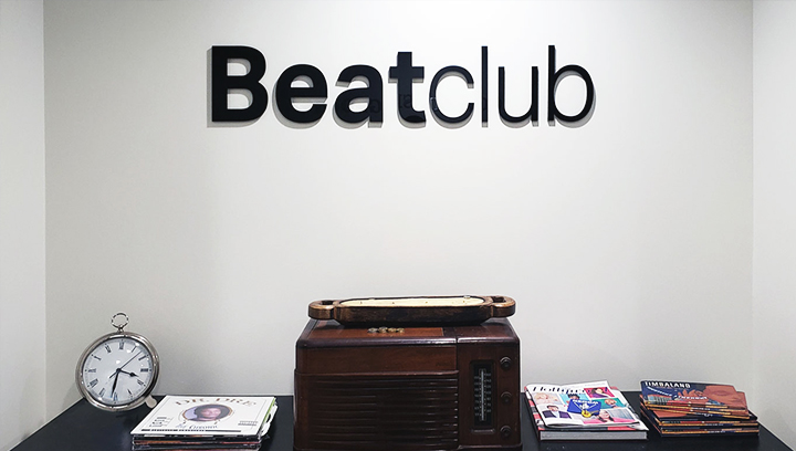 Beatclub custom acrylic office sign with black 3D letters spelling the business name