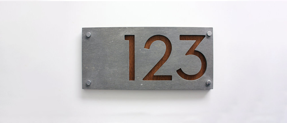 Modern house number plates from brushed aluminum ft wood materials