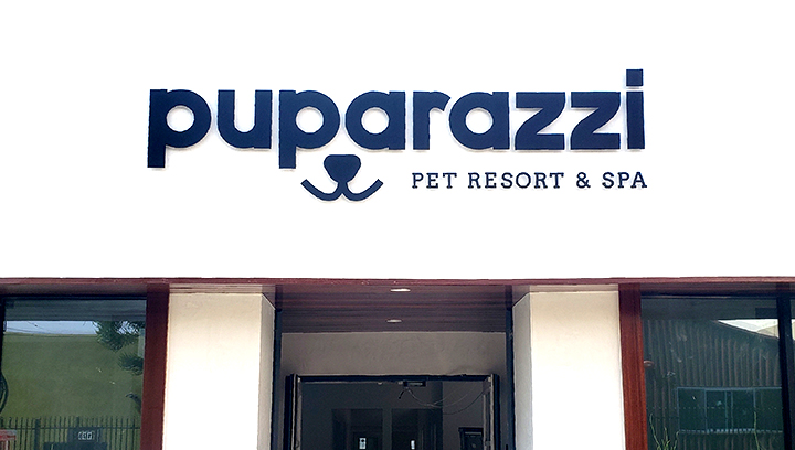 Puparazzi Pet Resort & Spa storefront metal sign with brand name 3d letters made of aluminum