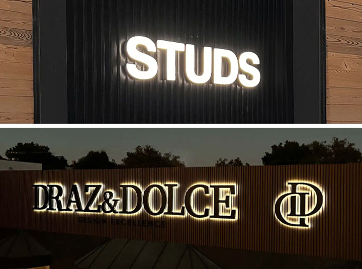 Channel letter signs with front- and back-illuminated elements, placed indoors and outdoors