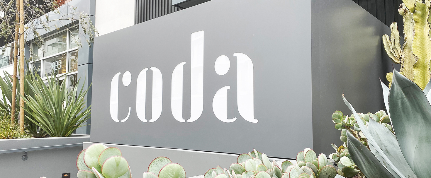 Coda light-up metal sign in a big size displaying the company name made of aluminum