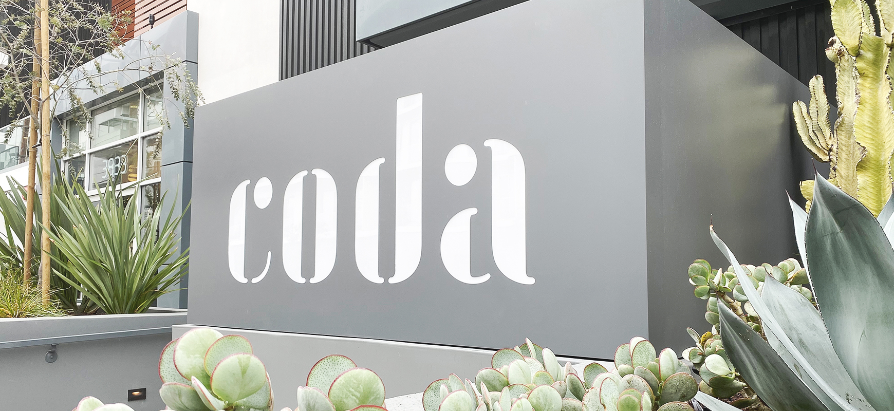 Coda light-up aluminum sign in a big size displaying the company name for outdoor branding