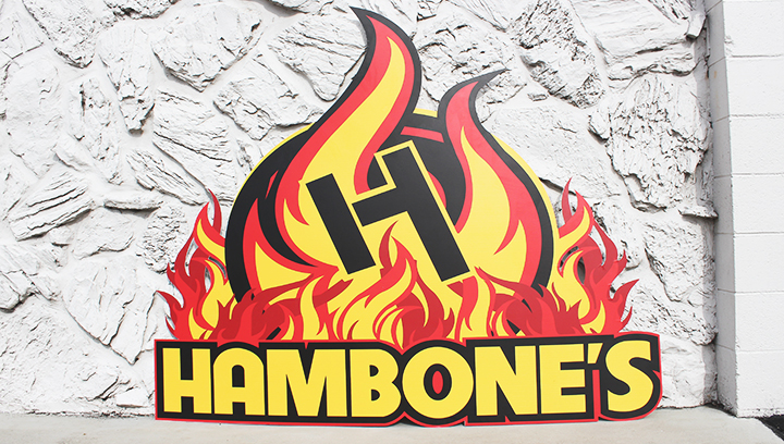 Hambone's PVC stand displaying the brand's fire shaped logo and name