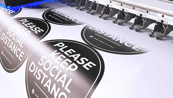 custom indoor social distancing signs in black and white made of opaque vinyl for safety