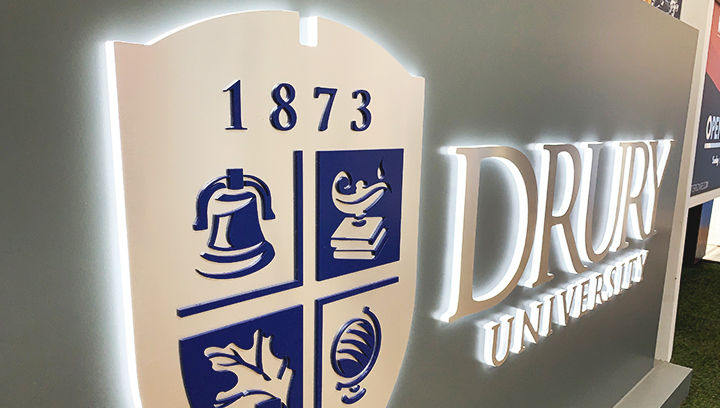 Drury University edge lit channel letters and logo made of brushed aluminum and acrylic