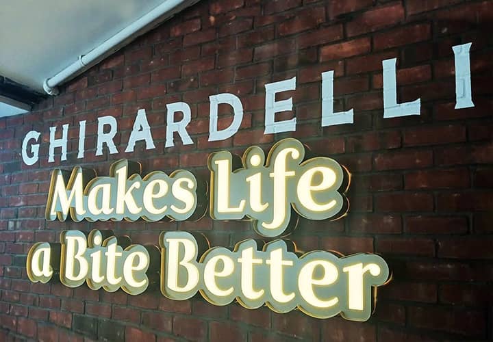 Ghiradelli interior business sign in a custom illuminated style made of aluminum and acrylic