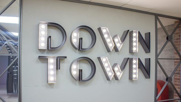 Ameriabank open face channel letters with the words Down Town made of aluminum and acrylic