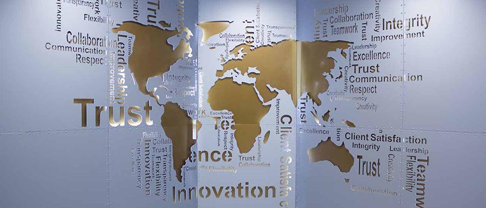 World map custom decorative signage solution for office productivity