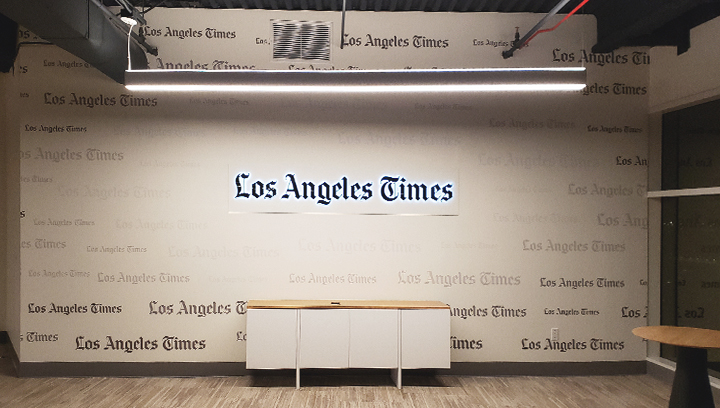 LA Times office channel letters made of opaque vinyl, aluminum, and acrylic for branding