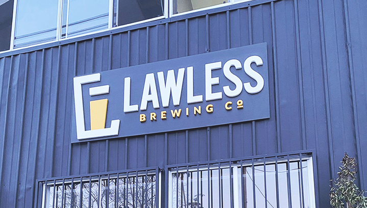 Lawless Brewing PVC plaque and logo in white and yellow colors