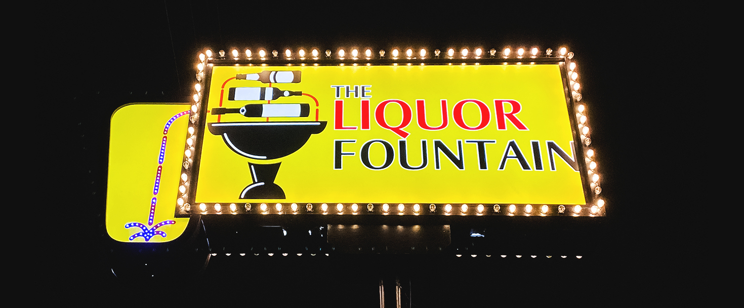 The Liquor Fountain custom light box sign with the brand name, made of aluminum and acrylic