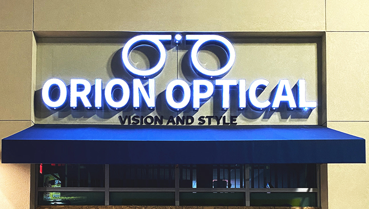 Orion Optical face lit channel letters made of aluminum and acrylic for brand visibility