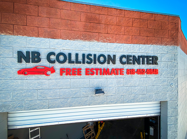 NB Collision Center outdoor PVC sign with painted 3d letters in black and red