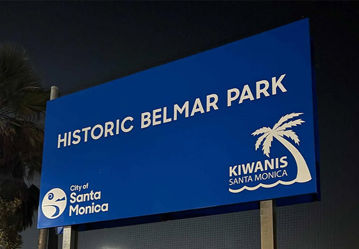 Outdoor pylon sign made of aluminum, welcoming visitors to Historic Belmar Park in Santa Monica