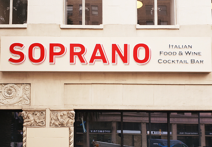 Soprano restaurant sign with a custom illumination option