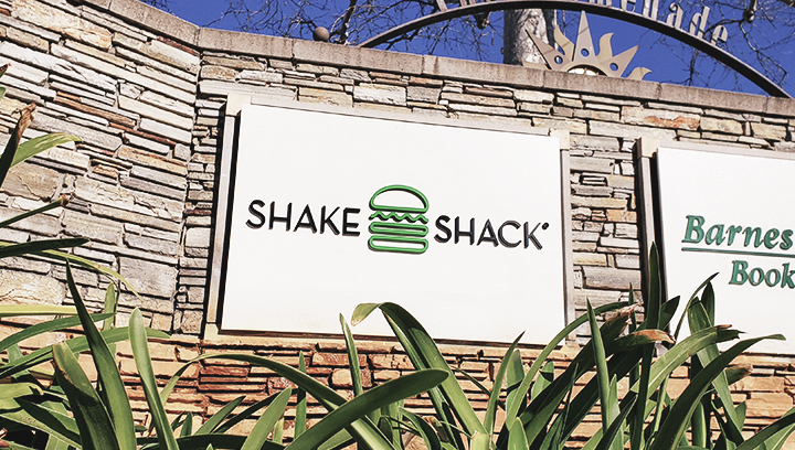 Shake Shack restaurant acrylic sign with brand name 3d letters and hamburger shape logo