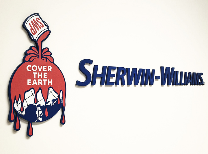 Sherwin Williams custom acrylic sign with brand name 3d letters and logo