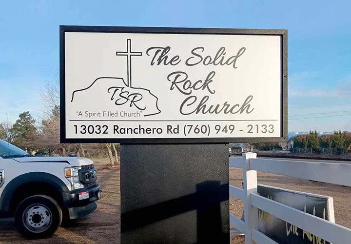 The Solid Rock Church pylon sign in informational style made of Lexan for outdoor branding