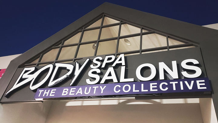 Body Spa Salons self-care center channel letters in white made of aluminum and acrylic