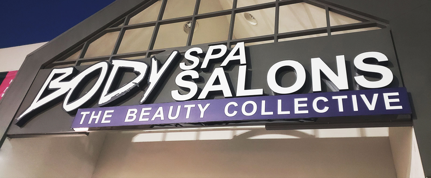 Body Spa Salons illuminated channel letters in white made of aluminum and acrylic