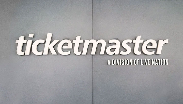 Ticketmaster interior signage in white spelling the brand name made of aluminum and acrylic