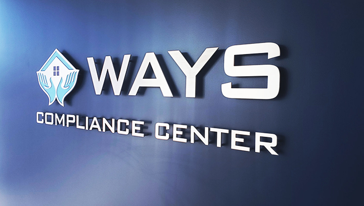 Ways Compliance Center 3D Interior sign & letters in white color made of brushed aluminum