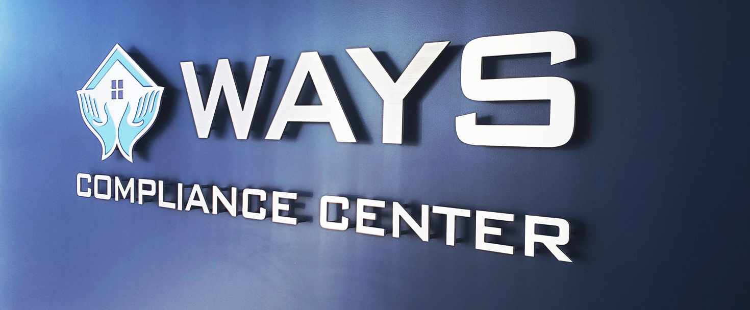 Ways Compliance Center custom metal logo sign and brand name letters made of brushed aluminum