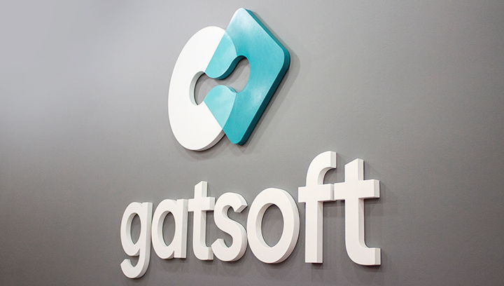 Gatsoft wooden logo sign painted in blue and white colors for office interior branding