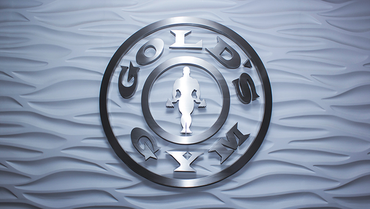 Golds Gym 3d logo sign showing the company name made of brushed aluminum