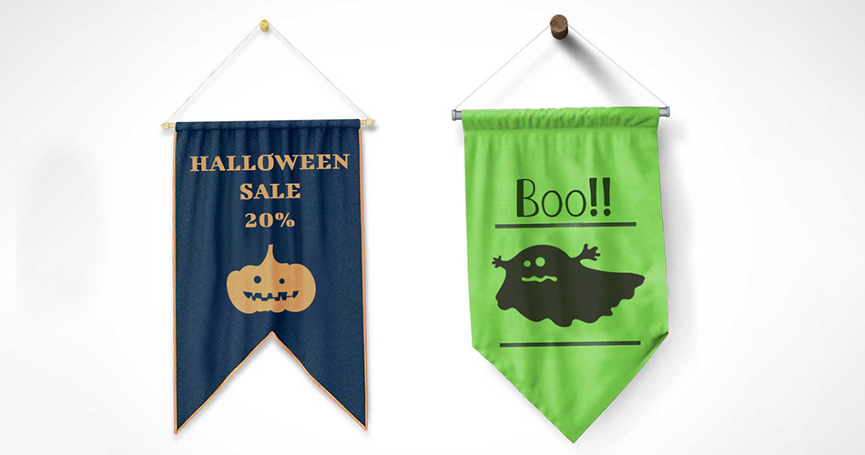 Halloween Sale & Boo hanging flags with thematic symbols