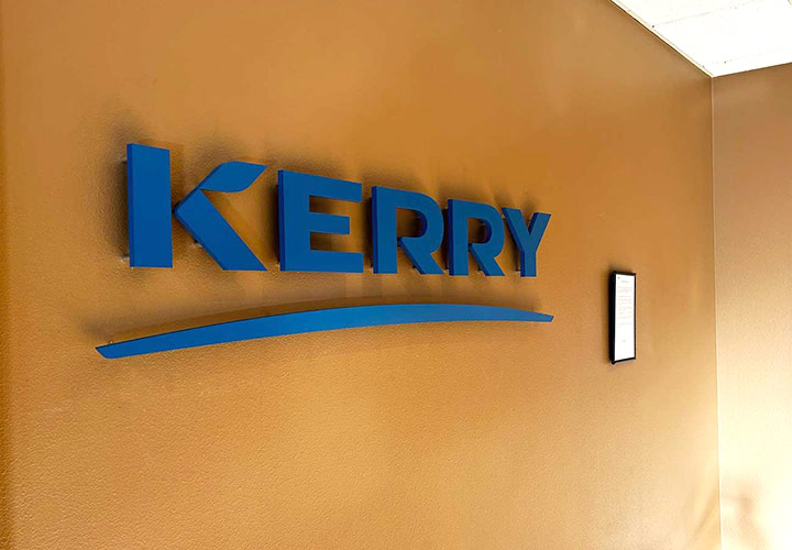 Kerry 3d letter sign in blue spelling the business name made of acrylic for interior display