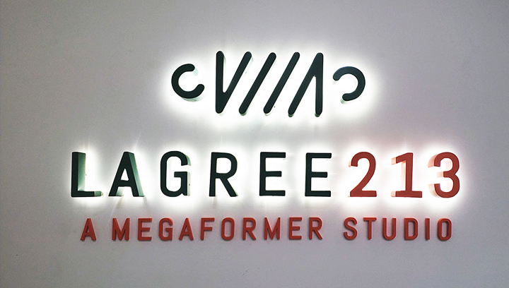 Lagree 213 A Megaformer Studio 3d signs in black and red made of aluminum and acrylic