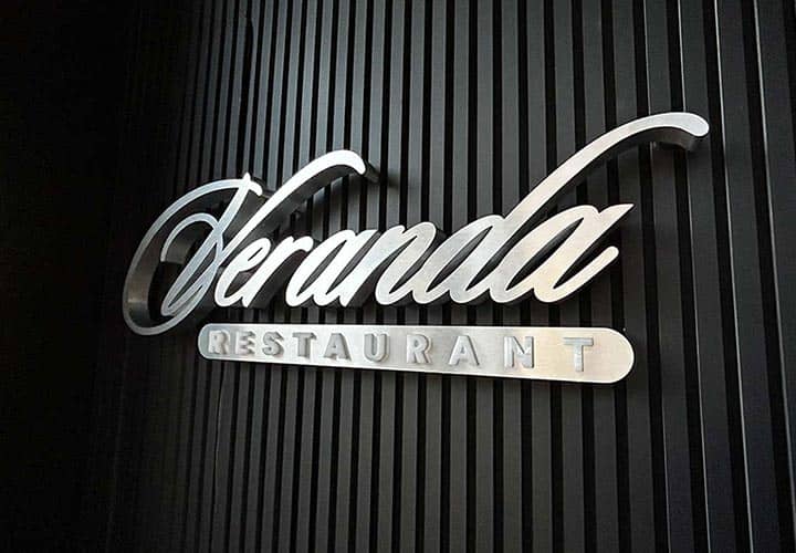 Veranda 3D logo sign made of brushed aluminum and acrylic for restaurant branding
