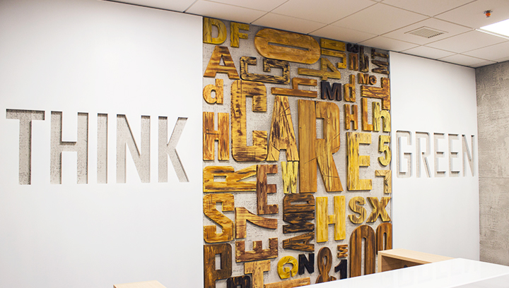 Ameriabank 3d wooden letters custom-cut and fixed to the wall in a random order