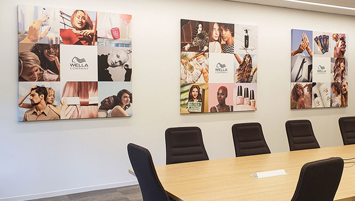 Wella custom signs for the office with different photo collage designs printed on canvas