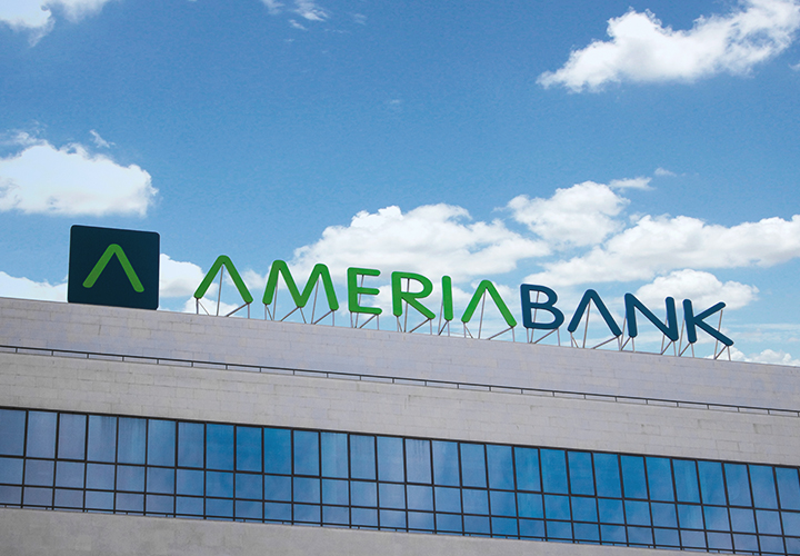 Ameriabank light up signs displaying the brand name and logo made of aluminum and acrylic