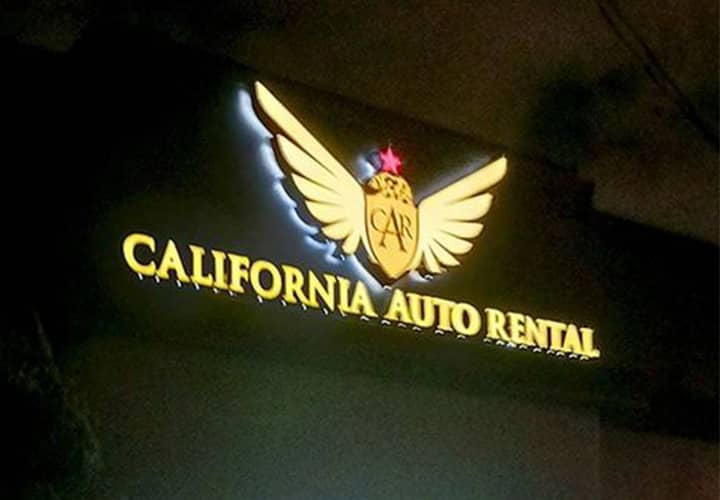 California Auto Rental light up signs for business made of Lexan, aluminum and backlit vinyl