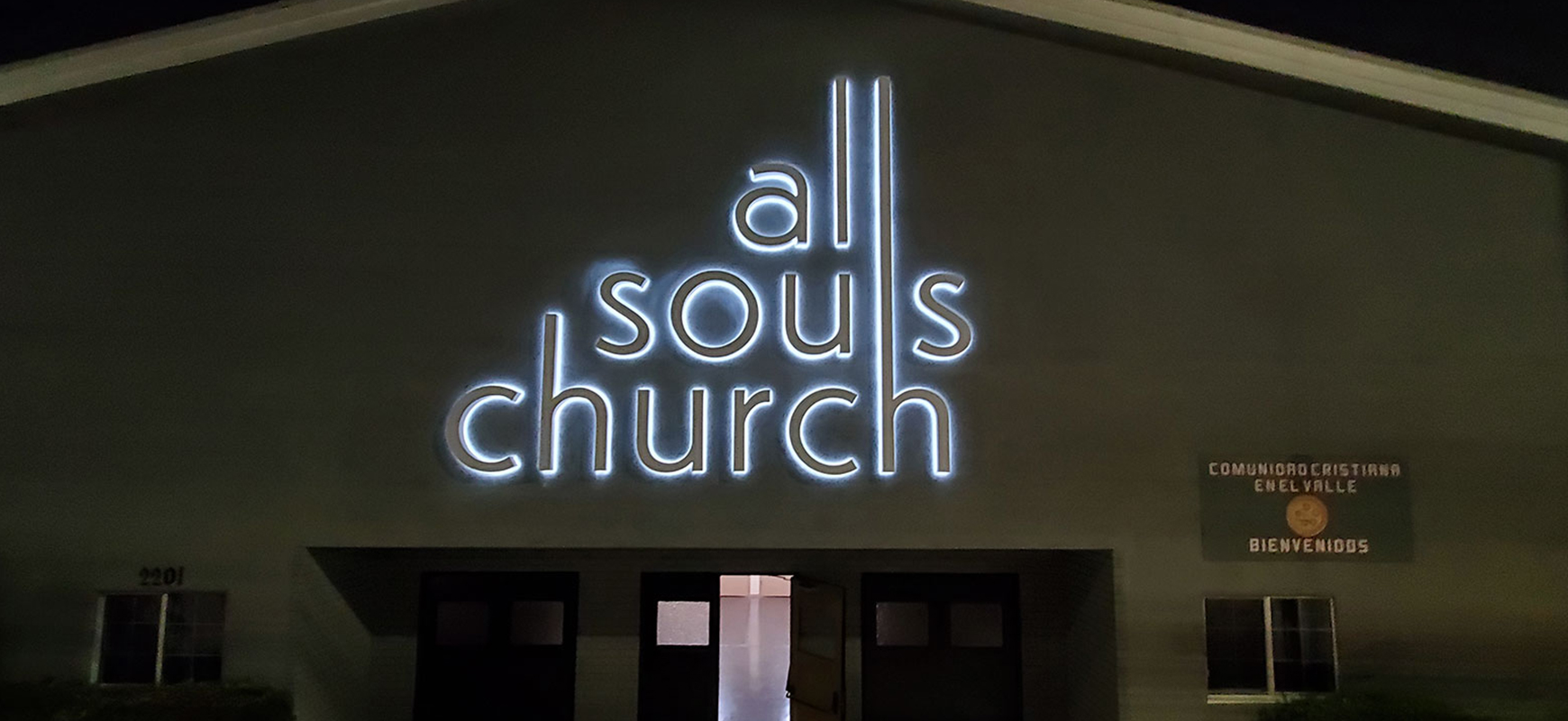 All Souls Church custom signage with illumination made of lexan and aluminum