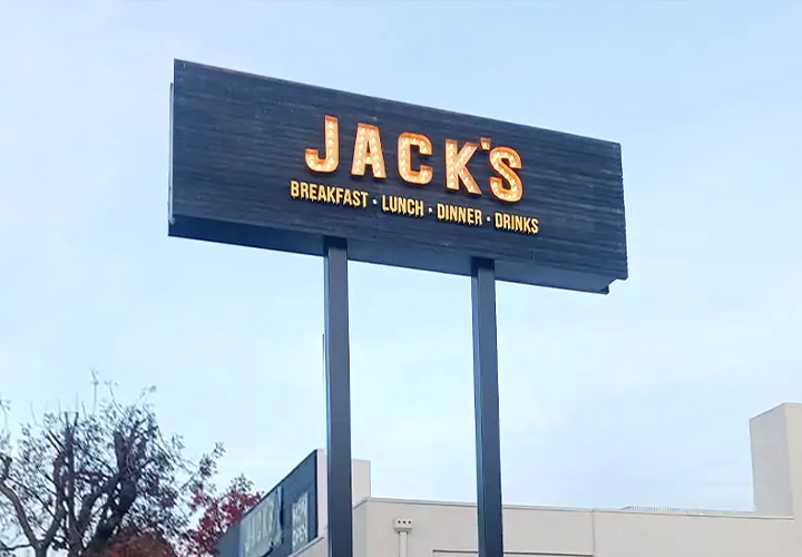 Jack's Restaurant and Bar light up sign with marquee style branding made of aluminum and dibond