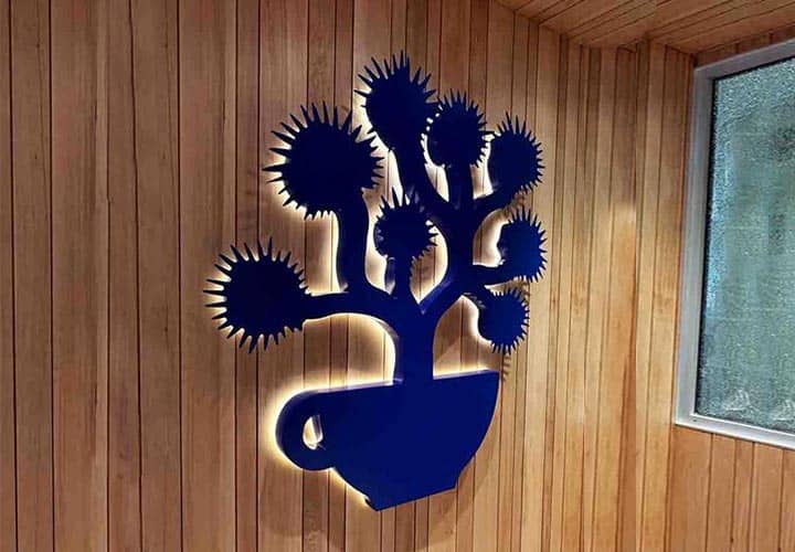 Joshua Tree Coffee light us sign in custom shape made of Lexan and aluminum for interior design